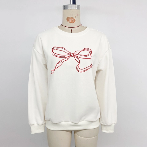 Women's Casual Round Neck Long Sleeve Sweatshirt Red Bow Graphic Print Beige Pullover Top