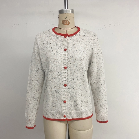 Women's Speckled Knit Cardigan Heart Button Round Neck Long Sleeve Contrast Rib Trim Sweater Coat