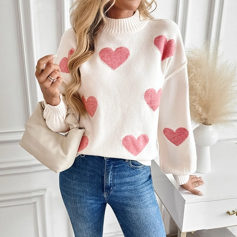 Suéter de Punto Jacquard con Corazón Dulce para Mujer Cuello Alto Hombro Caído Manga de Linterna Pullover San Valentín