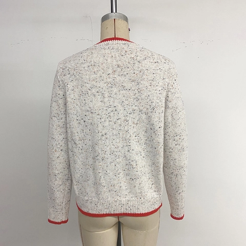 Women's Speckled Knit Cardigan Heart Button Round Neck Long Sleeve Contrast Rib Trim Sweater Coat