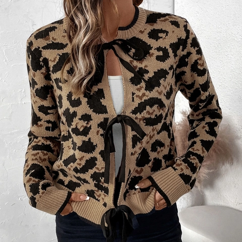 Cardigan in Maglia Leopardata da Donna Maglione Con Fiocco Anteriore Manica Lunga Girocollo Misto Acrilico Top Invernale Autunnale
