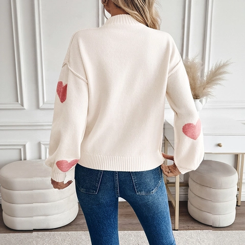 Suéter de Punto Jacquard con Corazón Dulce para Mujer Cuello Alto Hombro Caído Manga de Linterna Pullover San Valentín