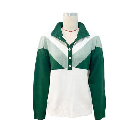 Maglione in Maglia a Blocchi di Colore Retro da Donna Colletto Polo Manica Lunga Pullover Geometrico Autunno Inverno Casual