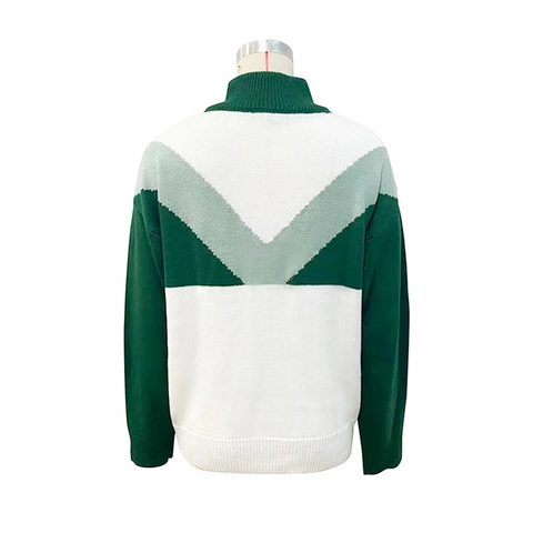 Maglione in Maglia a Blocchi di Colore Retro da Donna Colletto Polo Manica Lunga Pullover Geometrico Autunno Inverno Casual