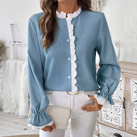 Chemisier Femme avec Dentelle et Manches Bouffantes Bleu Clair Manches Longues Chemise Décontractée Élégante à Volants