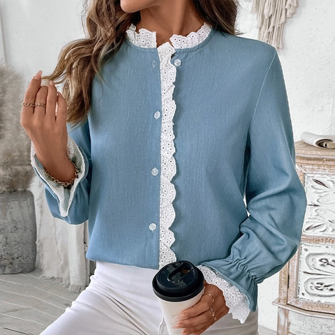 Chemisier Femme avec Dentelle et Manches Bouffantes Bleu Clair Manches Longues Chemise Décontractée Élégante à Volants