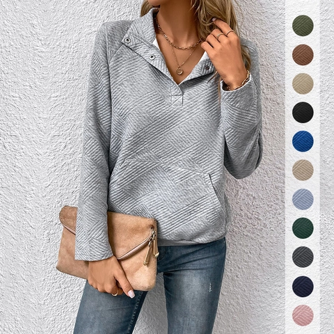 Women Casual Long Sleeve Sweatshirt Textured Quilted Pullover Button Polo Collar Kangaroo Pocket Solid Color Basic Top