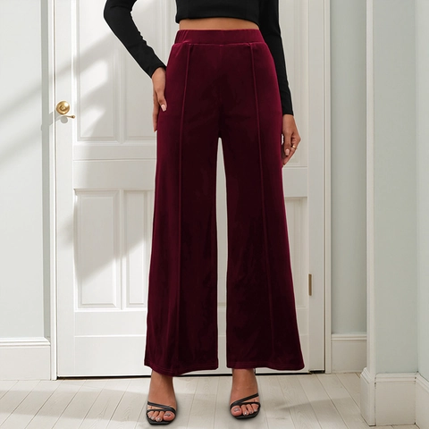 Women's Vintage Burgundy Velvet Wide Leg Pants High Waist Vertical Stitching Solid Color Loose Casual Trousers For Fall Winter