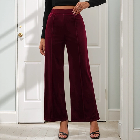 Women's Vintage Burgundy Velvet Wide Leg Pants High Waist Vertical Stitching Solid Color Loose Casual Trousers For Fall Winter