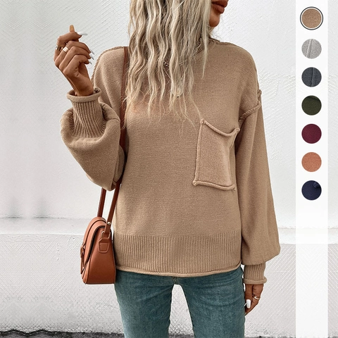 Women Casual Acrylic Solid Knit Sweater Round Neck Drop Shoulder Long Sleeve Pullover With Pocket Autumn Winter Pullover Top