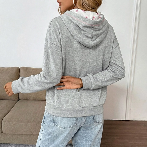 Women's Casual Grey Lace Trim Hoodie Sweet Bow Embroidery Patchwork Long Sleeve Hooded Sweatshirt Mid-Length Pullover Top