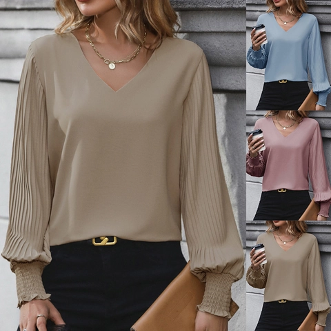 Chemisier Décontracté en Satin pour Femmes Col en V Manches Évêque Plissées Couleur Unie Top à Manches Longues Bureau Mode