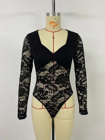 Damen Sexy Blumen Spitze Bodysuit Tiefer V Ausschnitt Langarm Durchsichtig Ajouré Slim Fit Jumpsuit Party Clubwear Top