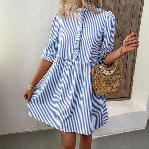Damen Retro Gestreiftes Mini-Kleid Mit Puffärmeln Französischer Stehkragen Rüschen Süßes Urlaubs-A-Linien-Kleid Hohe Taille