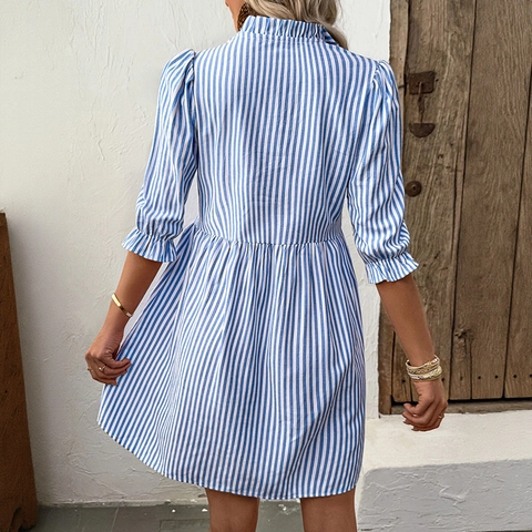 Dames Casual Verticaal Gestreepte Midi Jurk Elegant Roffelrand Opstaande Kraag Vijfpuntmouw A-Lijn Vakantie Jurk Blauw Khaki