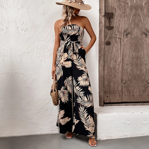 Tuta Senza Spalline da Donna Con Stampa Tropicale a Foglia di Palma Gamba Larga Senza Maniche Tuta Lunga Casual