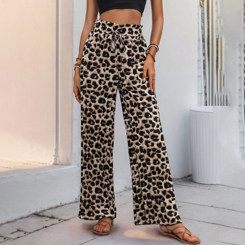 Pantaloni a Gamba Larga Casual da Donna con Stampa Leopardata Vita Alta Coulisse Pieghettati Palazzo Estate Spiaggia