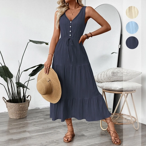 Vestido Maxi Escalonado Sin Mangas con Cuello en V para Mujer Mezcla de Rayón Botones Cordón Cintura Color Sólido Verano