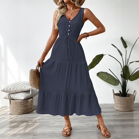 Vestido Maxi Escalonado Sin Mangas con Cuello en V para Mujer Mezcla de Rayón Botones Cordón Cintura Color Sólido Verano