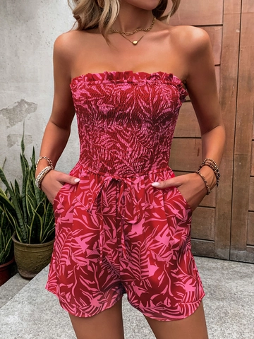 Pagliaccetto Senza Spalline con Stampa a Foglia Tropicale da Donna Tuta a Tubo con Smock Estivo da Spiaggia Tuta Casual con Tasche