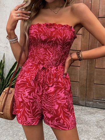 Pagliaccetto Senza Spalline con Stampa a Foglia Tropicale da Donna Tuta a Tubo con Smock Estivo da Spiaggia Tuta Casual con Tasche