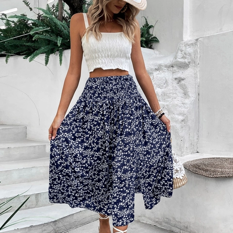 Boheems Hoge Taille Gezmokte Bloemen Midi Rok Met Zijsplit Dames Casual Vakantie A-Lijn Viscose Print Zomer Rokken