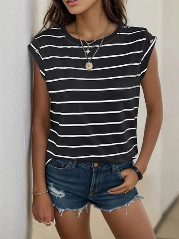 T-Shirt Décontracté à Rayures pour Femmes Sans Manches Col Rond Top Avec Boutons Métalliques Été Simple Basic Tee