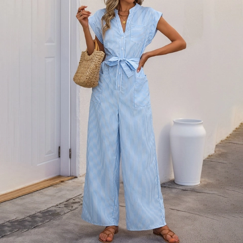 Damen Casual Ärmelloser V-Ausschnitt Blau Weiß Vertikal Gestreifter Jumpsuit Mit Bindegürtel Weites Bein Sommer Romper Taschen