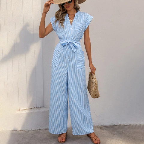 Women Striped V Neck Belted Jumpsuit Polyester Cotton Short Sleeve Wide Leg Long Romper Casual Commuter Summer Fashion