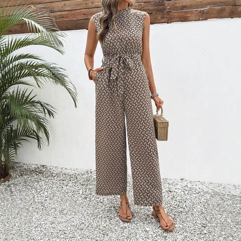 Women Sleeveless Jumpsuit Stand Collar Belted Geometric Chain Print Casual Summer Vacation Loose Wide Leg Romper Long Pants