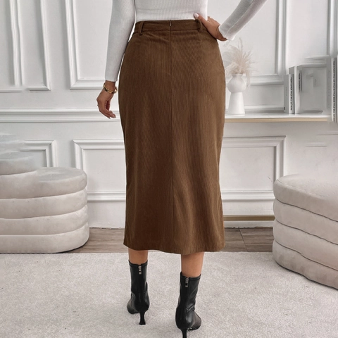 Damen Vintage Cord Midirock Hohe Taille Vorne Schlitz Einfarbig Elegant Herbst Winter Pendler Büro Gerader Rock