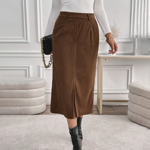 Damen Vintage Cord Midirock Hohe Taille Vorne Schlitz Einfarbig Elegant Herbst Winter Pendler Büro Gerader Rock
