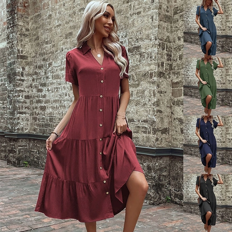 Robe Midi à Étages en Viscose Décontractée pour Femmes Manches Courtes Simple Boutonnage Col à Revers Robe Chemise Trapèze pour Vacances d'Été