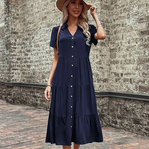 Robe Midi à Étages en Viscose Décontractée pour Femmes Manches Courtes Simple Boutonnage Col à Revers Robe Chemise Trapèze pour Vacances d'Été