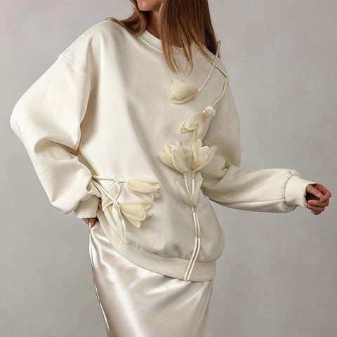 Französischer Stil Lässiges 3D Tulpen Blumen Sweatshirt Langarm Oversized Pullover Top Damen Beige Rundhals Sweatshirt