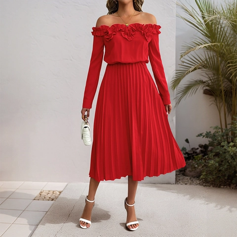 Elegant Off-the-shoulder Ruffle Long Sleeve Pleated Maxi Dress Red Solid Color Party Evening Dress For Women
