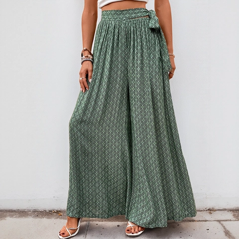Pantalón de Pata Ancha Cintura Alta Mujer Estampado Geométrico Lazo Cintura Bohemio Verano Casual Playa Vacaciones