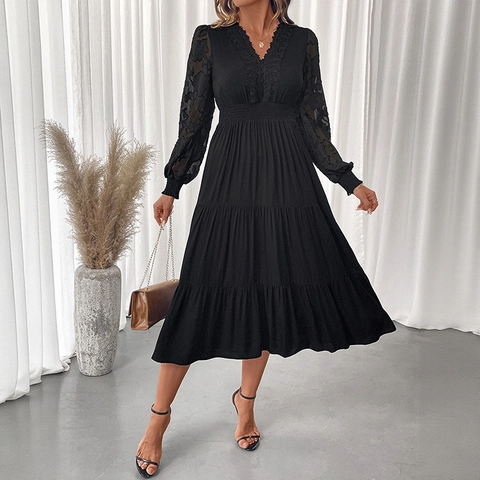 Damen Elegant V-Ausschnitt Spitze Patchwork Langarm Kleid Süß Einfarbig Hohe Taille Stufenrock A-Linie Midi Kleid
