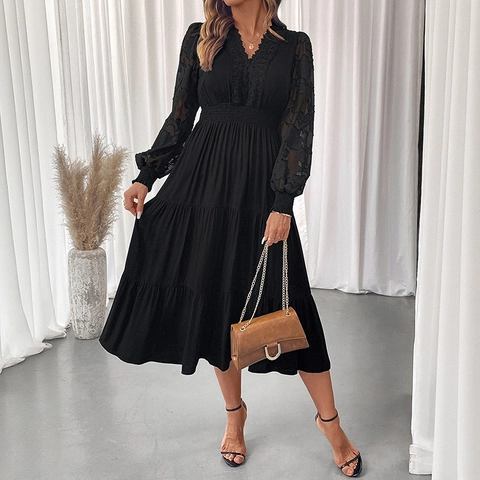 Damen Elegant V-Ausschnitt Spitze Patchwork Langarm Kleid Süß Einfarbig Hohe Taille Stufenrock A-Linie Midi Kleid