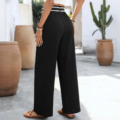 Damen High Waist Hose Mit Weitem Bein Und Wellenkante Kordelzug Locker Lässig Boho Urlaub Stil Schwarz Lange Hose