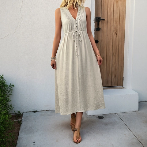 Abito Midi Casual da Donna Senza Maniche Scollo a V Coulisse in Vita Tinta Unita Bottone Decorativo Estate Boho Spiaggia Festa