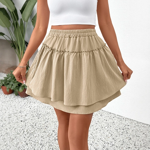 Women Casual Summer Tiered Mini Skirt Elastic High Waist Layered Ruffle Khaki Solid Color Polyester Vacation A-Line Skirt