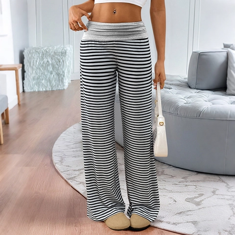 Pantalon Large à Rayures Décontracté pour Femmes Taille Basse Pantalon de Yoga Ample Tricot Souple Respirant Mode Quotidienne