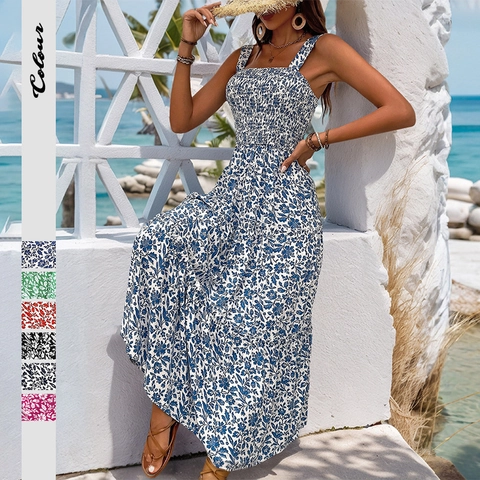 Dames Boheems Bloemen Gesmokt Maxi Jurk Gelaagd Mouwloos Vierkante Hals Zomer Strand Vakantie Viscose Lange Jurk
