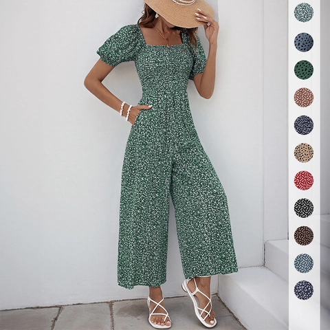 Women Floral Square Neck Puff Sleeve Smocked Wide Leg Jumpsuit Vintage French Vacation Summer Short Sleeve Romper Pockets