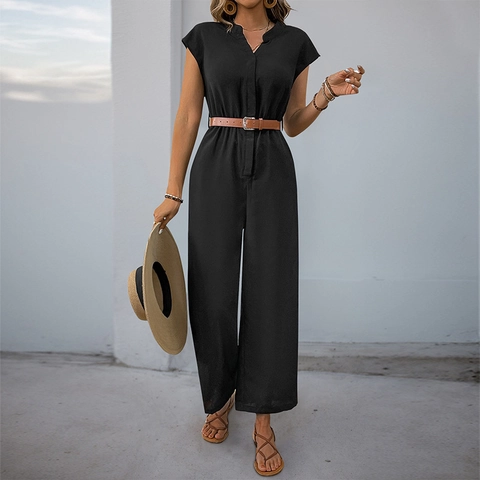 Mono Casual de Manga Corta con Cuello en V para Mujer Color Negro Sólido Cintura Alta Pierna Ancha Pantalón Largo con Cinturón Verano
