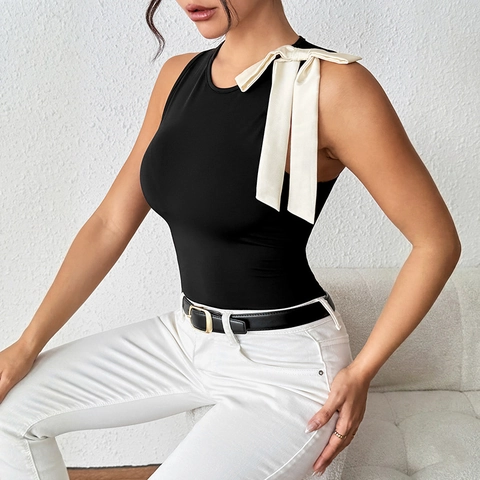 Bodysuit Femme Élégant Sans Manches Coupe Ajustée Col Rond Contraste Grand Nœud Épaule Été Polyester Élasthanne Top