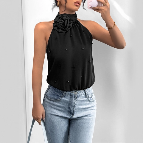 Body Dos Nu Femme Élégant Noir Fleur Rose 3D Sans Manches Combinaison Avec Perla Artificialge Dos Évidé Coupe Ajustée Tenue de Soirée