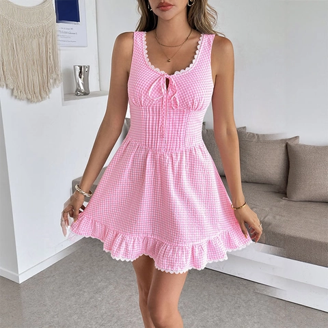 Γυναικείο Γλυκό Αμάνικο Μίνι Φόρεμα Gingham Με Δαντέλα Κορδόνι Μπροστά Βολάν Στο Τελείωμα A-Line Καλοκαιρινό Φόρεμα