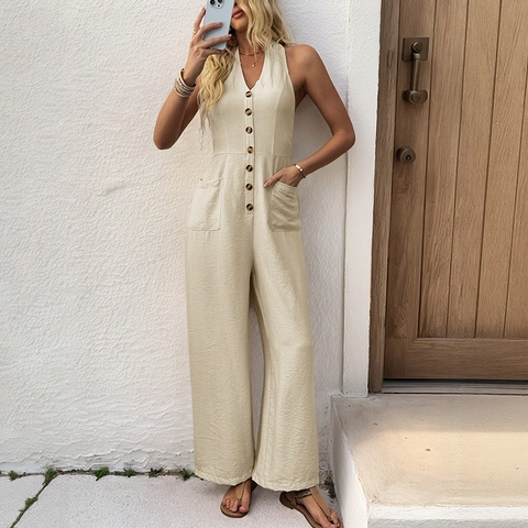 Women Halter V Neck Jumpsuit Sleeveless Button Down Wide Leg Romper With Pockets Casual Summer Beach One Piece Bodysuit